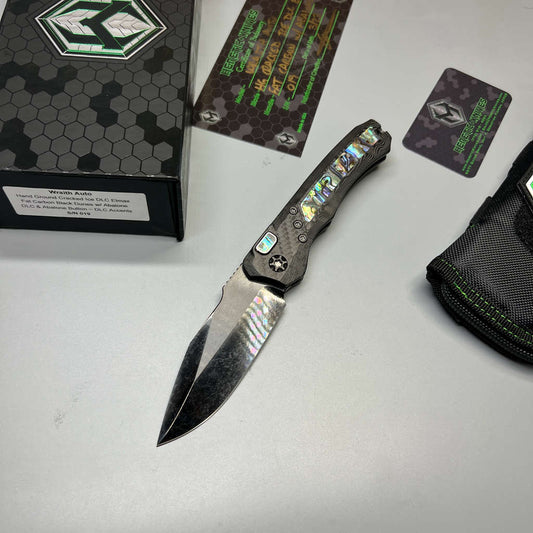 Heretic Knives Wraith Auto w/ Black Dunes Fat Carbon & Abalone Inlays w/ Hand Ground Cracked Ice DLC Elmax Blade