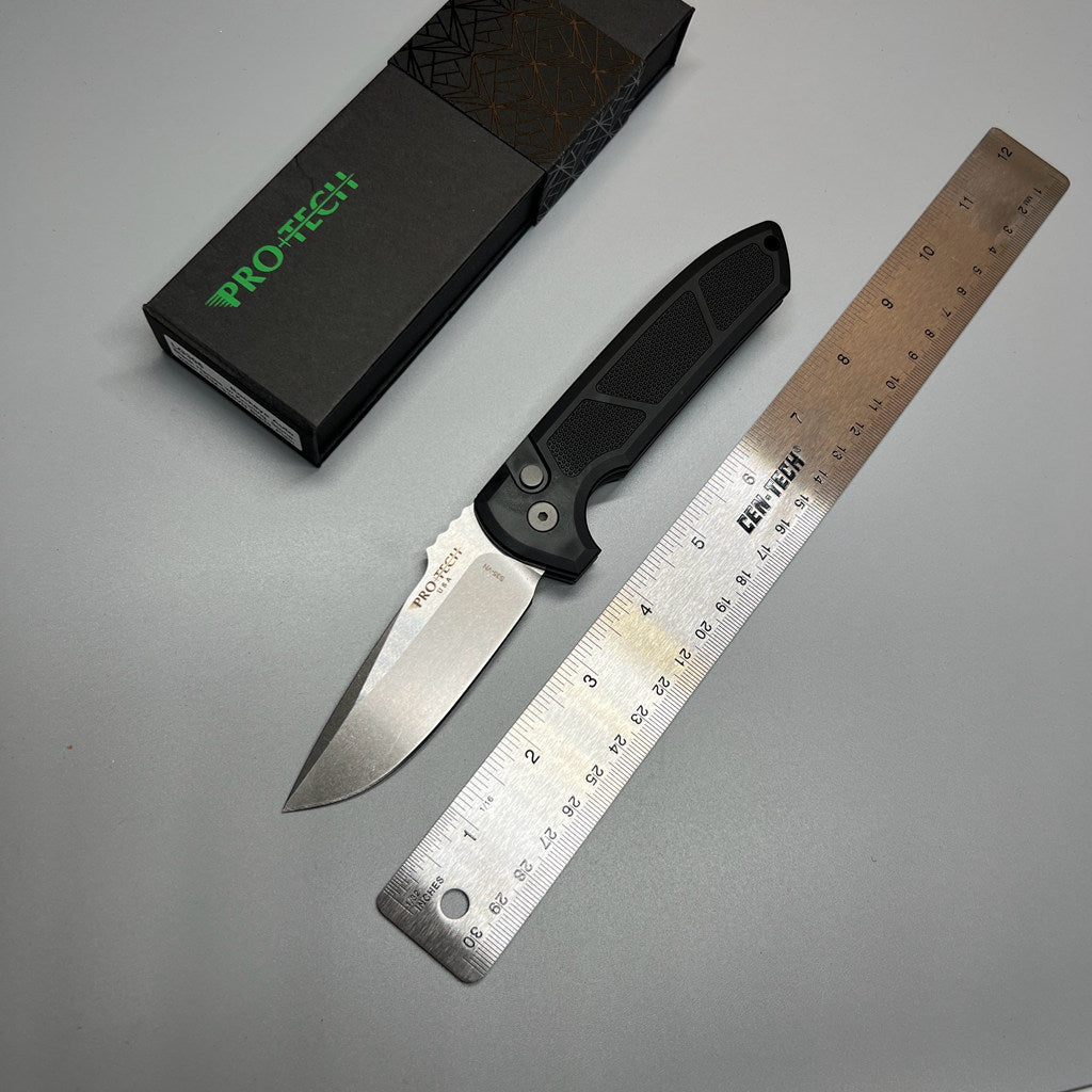 Pro-Tech LG305 Les George Rockeye AUTO Folding Knife 3.375" S35VN Stonewashed Drop Point Blade, Black Textured Aluminum Handles