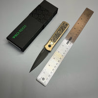 Pro-Tech Custom Godson AUTO Folding Knife 3.15" 154CM Black DLC Blade, Stonewashed Bronze Aluminum Handles with Dark Matter Gold FatCarbon Inlay