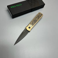 Pro-Tech Custom Godson AUTO Folding Knife 3.15" 154CM Black DLC Blade, Stonewashed Bronze Aluminum Handles with Dark Matter Gold FatCarbon Inlay