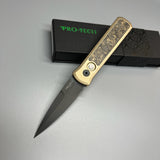 Pro-Tech Custom Godson AUTO Folding Knife 3.15" 154CM Black DLC Blade, Stonewashed Bronze Aluminum Handles with Dark Matter Gold FatCarbon Inlay