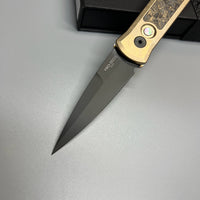 Pro-Tech Custom Godson AUTO Folding Knife 3.15" 154CM Black DLC Blade, Stonewashed Bronze Aluminum Handles with Dark Matter Gold FatCarbon Inlay