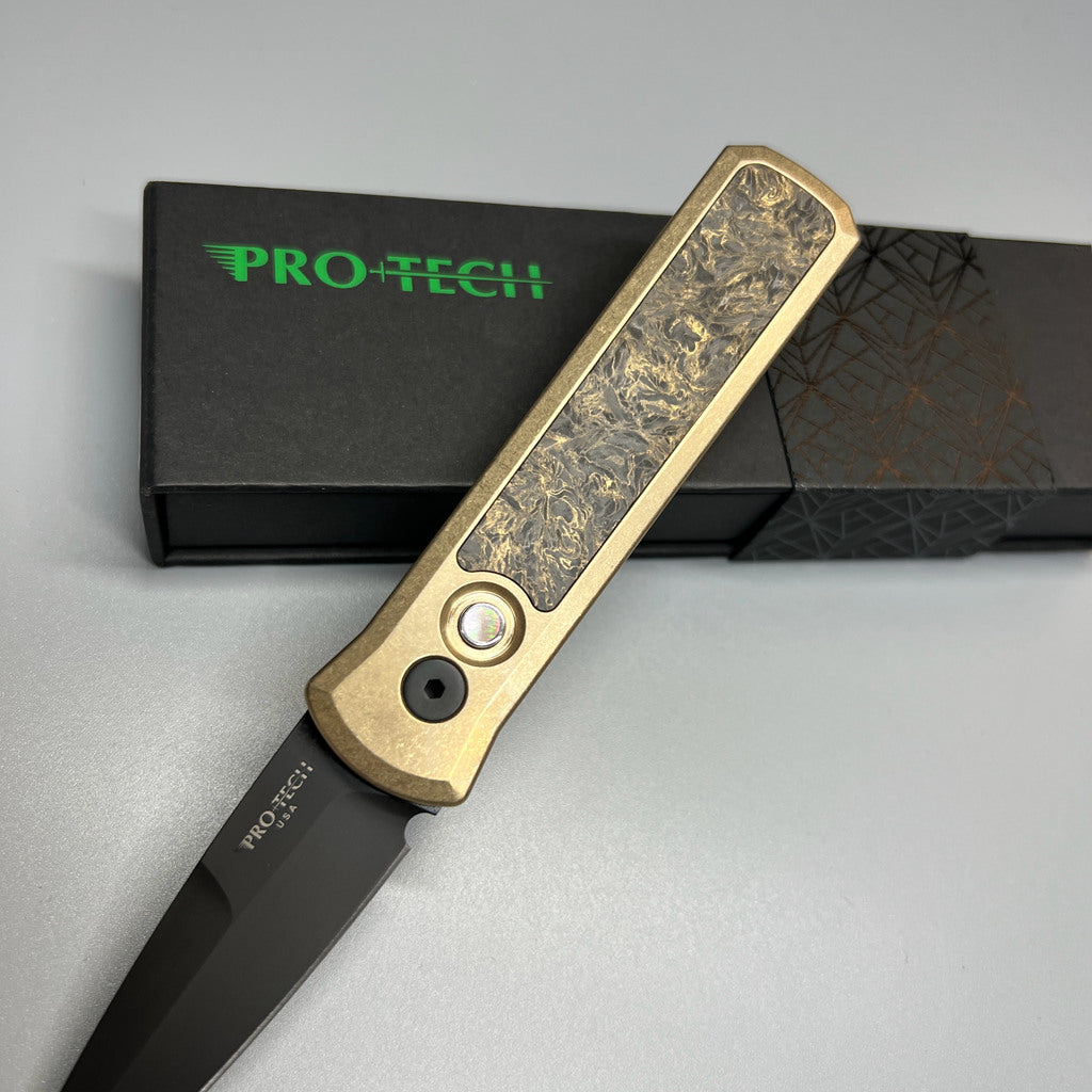 Pro-Tech Custom Godson AUTO Folding Knife 3.15" 154CM Black DLC Blade, Stonewashed Bronze Aluminum Handles with Dark Matter Gold FatCarbon Inlay