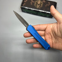 Heretic Knives Manticore S OTF AUTO 2.55" CPM-MagnaCut Black DLC Double Edge Dagger Blade, Blue Aluminum Handle with Blue CamoCarbon Top - H024-6A-BLU/CF