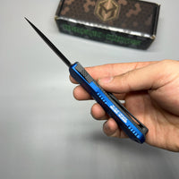 Heretic Knives Manticore S OTF AUTO 2.55" CPM-MagnaCut Black DLC Double Edge Dagger Blade, Blue Aluminum Handle with Blue CamoCarbon Top - H024-6A-BLU/CF