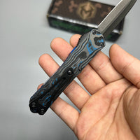 Heretic Knives Manticore S OTF AUTO 2.55" CPM-MagnaCut Black DLC Double Edge Dagger Blade, Blue Aluminum Handle with Blue CamoCarbon Top - H024-6A-BLU/CF