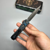 Heretic Knives Manticore S OTF AUTO 2.55" CPM-MagnaCut Black DLC Double Edge Dagger Blade, Blue Aluminum Handle with Blue CamoCarbon Top - H024-6A-BLU/CF