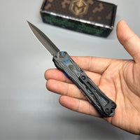 Heretic Knives Manticore S OTF AUTO 2.55" CPM-MagnaCut Black DLC Double Edge Dagger Blade, Blue Aluminum Handle with Blue CamoCarbon Top - H024-6A-BLU/CF