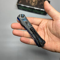 Heretic Knives Manticore S OTF AUTO 2.55" CPM-MagnaCut Black DLC Double Edge Dagger Blade, Blue Aluminum Handle with Blue CamoCarbon Top - H024-6A-BLU/CF