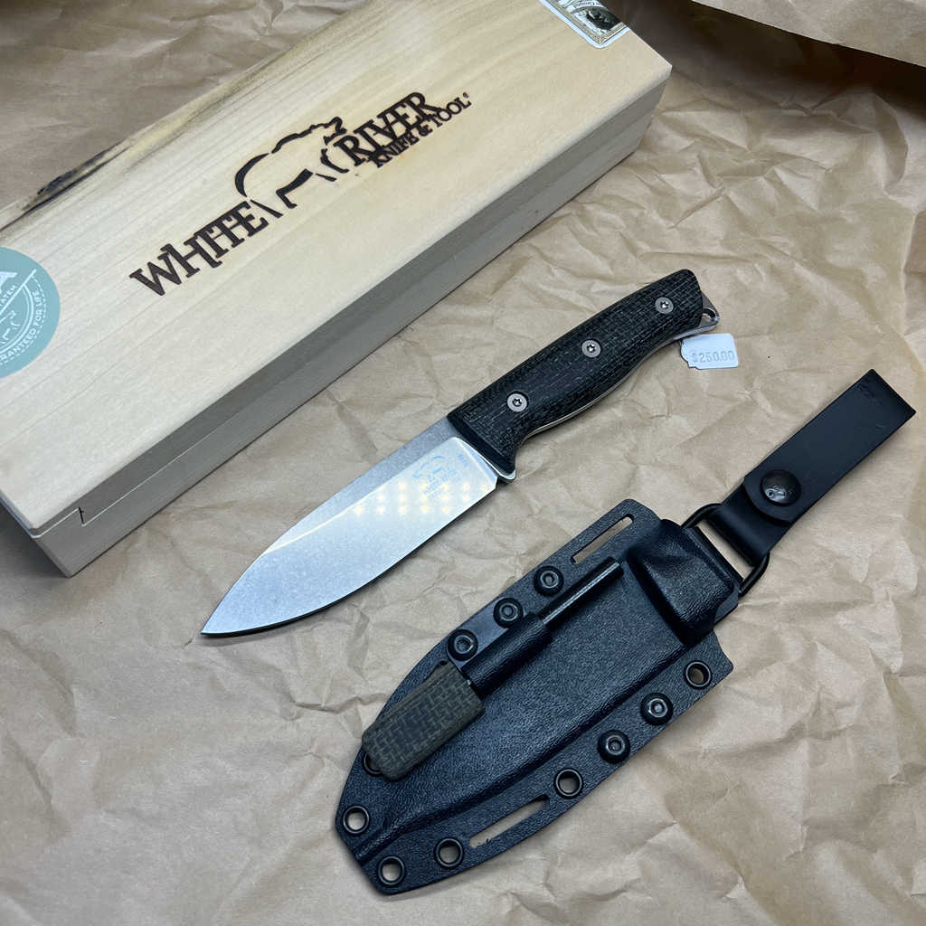 White River Knives Ursus 45 Fixed Blade Knife 4.5" S35VN Stonewashed, Black Burlap Micarta Handles, Kydex Sheath - WRUR45-BBL