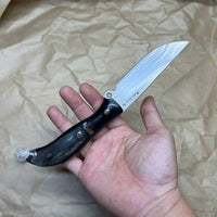 BUSSE Custom G10 base and wooden handle inlaid with mammoth fossil mosaic rivets INFI  RadioActive Mean street