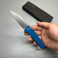 Pro-Tech 5201 Malibu Manual Flipper Knife 3.30" CPM-20CV Stonewashed Reverse Tanto Blade, Blue Aluminum Handles
