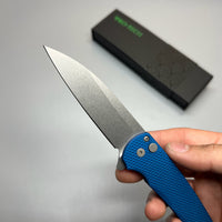 Pro-Tech 5201 Malibu Manual Flipper Knife 3.30" CPM-20CV Stonewashed Reverse Tanto Blade, Blue Aluminum Handles