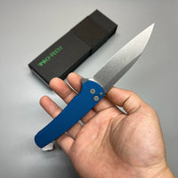 Pro-Tech 5201 Malibu Manual Flipper Knife 3.30" CPM-20CV Stonewashed Reverse Tanto Blade, Blue Aluminum Handles