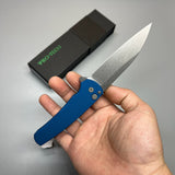 Pro-Tech 5201 Malibu Manual Flipper Knife 3.30" CPM-20CV Stonewashed Reverse Tanto Blade, Blue Aluminum Handles