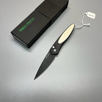 Pro-Tech 3452 Newport Tuxedo AUTO Folding Knife 3" S35VN Black DLC Plain Blade, Black Aluminum Handles with Ivory Micarta Inlay