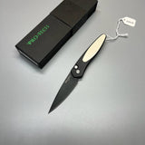 Pro-Tech 3452 Newport Tuxedo AUTO Folding Knife 3" S35VN Black DLC Plain Blade, Black Aluminum Handles with Ivory Micarta Inlay