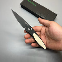 Pro-Tech 3452 Newport Tuxedo AUTO Folding Knife 3" S35VN Black DLC Plain Blade, Black Aluminum Handles with Ivory Micarta Inlay