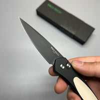 Pro-Tech 3452 Newport Tuxedo AUTO Folding Knife 3" S35VN Black DLC Plain Blade, Black Aluminum Handles with Ivory Micarta Inlay