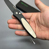 Pro-Tech 3452 Newport Tuxedo AUTO Folding Knife 3" S35VN Black DLC Plain Blade, Black Aluminum Handles with Ivory Micarta Inlay