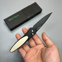 Pro-Tech 3452 Newport Tuxedo AUTO Folding Knife 3" S35VN Black DLC Plain Blade, Black Aluminum Handles with Ivory Micarta Inlay
