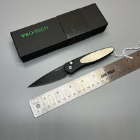 Pro-Tech 3452 Newport Tuxedo AUTO Folding Knife 3" S35VN Black DLC Plain Blade, Black Aluminum Handles with Ivory Micarta Inlay