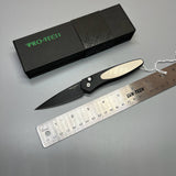 Pro-Tech 3452 Newport Tuxedo AUTO Folding Knife 3" S35VN Black DLC Plain Blade, Black Aluminum Handles with Ivory Micarta Inlay