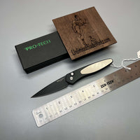 Pro-Tech 3452 Newport Tuxedo AUTO Folding Knife 3" S35VN Black DLC Plain Blade, Black Aluminum Handles with Ivory Micarta Inlay