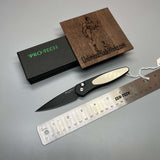 Pro-Tech 3452 Newport Tuxedo AUTO Folding Knife 3" S35VN Black DLC Plain Blade, Black Aluminum Handles with Ivory Micarta Inlay