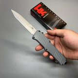 HK Knives by Hogue Hadron OTF AUTO Knife 3.375" 154CM Stonewashed Spear Point Point Blade, Gray Aluminum Handles - 54022