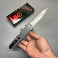 HK Knives by Hogue Hadron OTF AUTO Knife 3.375" 154CM Stonewashed Spear Point Point Blade, Gray Aluminum Handles - 54022